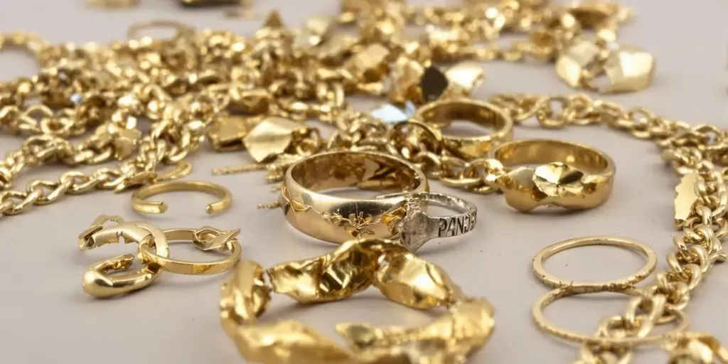 Close-up of scrap gold jewellery and chains ready for valuation