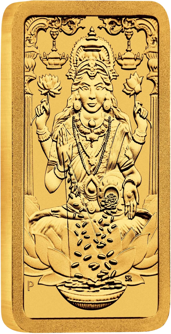 Perth Mint Lakshmi minted gold bar showing Goddess Lakshmi seated on a lotus