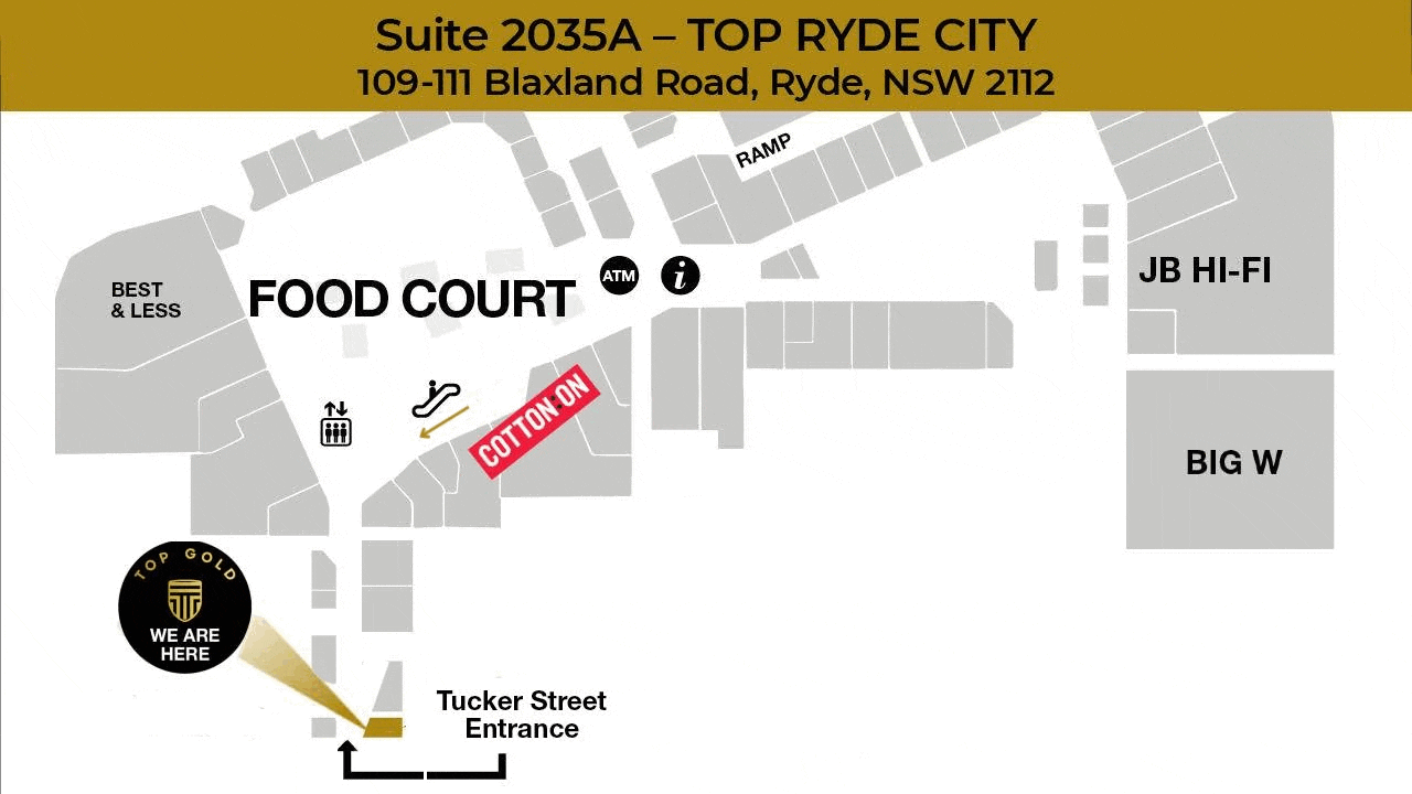 Animated directions from Tucker Street entrance to the Top Gold Ryde store